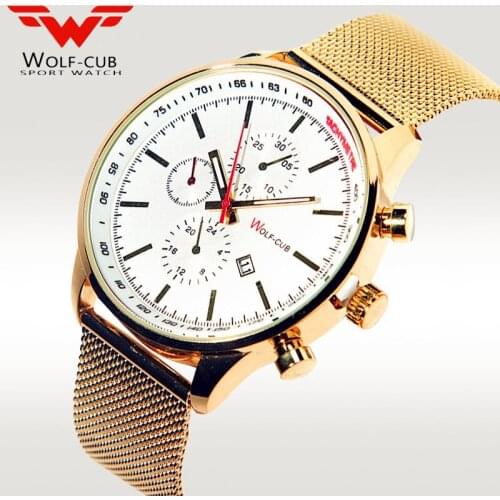 WOLF-CUB Men 30Bar Waterproof Quartz Clock Mens Watches All Black Casual Mesh Belt Watch Date Stainless Steel Mesh Strap Dial