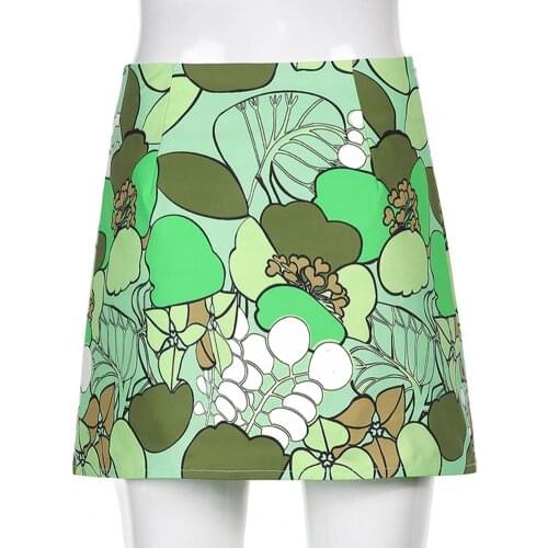 Sexy High-waisted skirt Mini Skirt Sexy Green Plant Print Zipper Closure A-Line Womens Sexy skirt