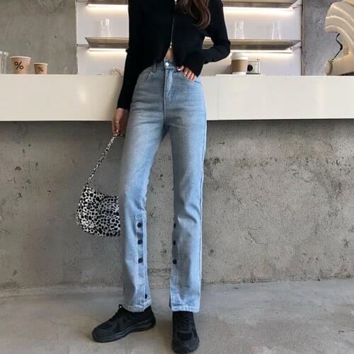 2021 New Womens Jeans Spring Streetwear High Waist Jeans Pants Ankle Button Fashion Girl Student Straight Denim Trouser