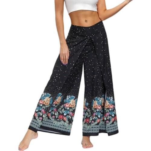 Womens Palazzo Casual Yoga Pants Slit Wide Leg Pants Casual Beach Boho Vintage Hippie Bohemian Pilate