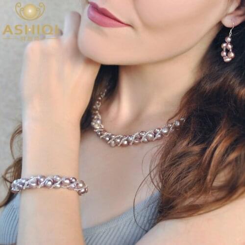 ASHIQI Natural Freshwater Pearl Jewelry Sets & More Hand-knitted Necklace Bracelet Earrings for Women NE+BR+EA