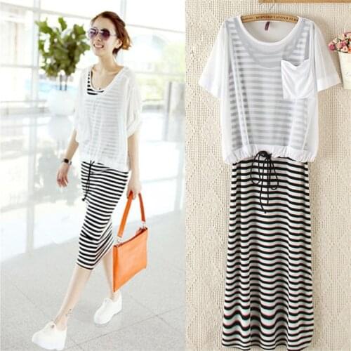Fashion Suit Womens 2021 Spring And Summer New Short-sleeved Dress Korean Striped Skirt Gauze T two-piece suit