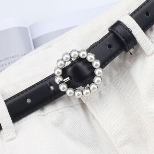 Ladies Fashion Pearl Decorative Belt Round Pin Buckle Pearl Belts Womens Casual Solid PU Leather 2.5cm Width Thin Belt
