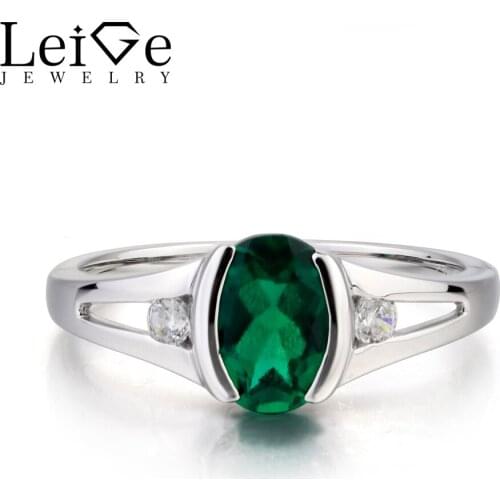 Leige Jewelry Lab Emerald Ring Anniversary Ring Oval Cut Green Gemstone May Birthstone 925 Sterling Silver Ring Gifts for Women