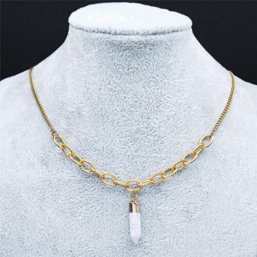 Divination Hexagonal Prism Stone Stainless Steel Necklaces Women Silver Color Chain Necklaces Jewelry pendentif pierre ND44S01