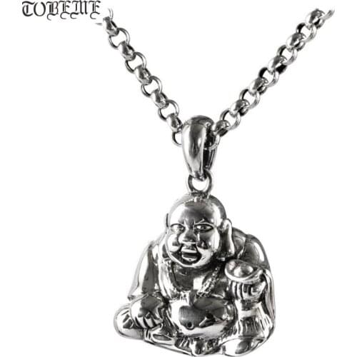 100% 925 Silver Tibetan Laughing Buddha Statue Pendant 925 Sterling Happy Buddha Amulet Pendant Good Luck Women Pendant