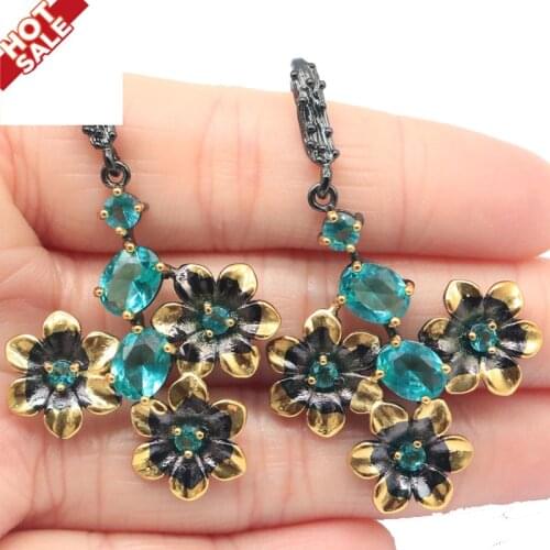 52x31mm Neo-Gothic 11g Vintage Black Gold Silver Earrings Pendant Created Aquamarine White Bright Cubic Zircon Daily Wear