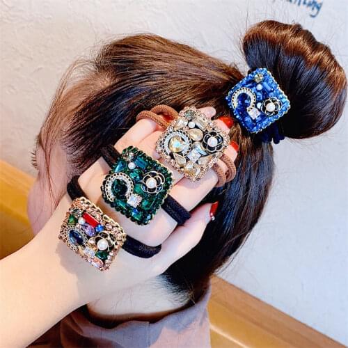 Women Hair Ties Elastic Rubber Bands Girl Crystal Zircon Pearl Geometric Korean Scrunchies Head Accessories Handmade Wholesale