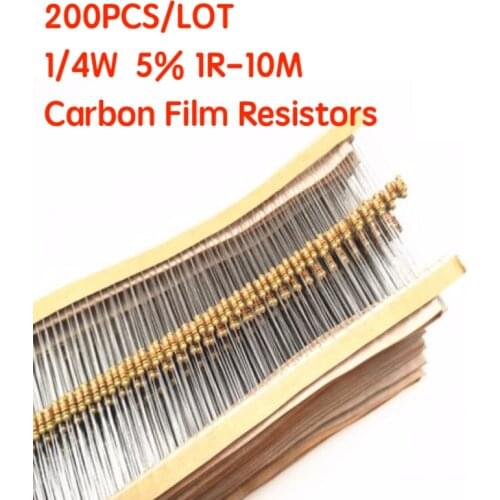 200PCS 1/4W Carbon Film Resistors 5% 1R-10M 10R 47R 56R 100R 220R 1K 4K7 6K8 100K 330K 560K 1M ohm Color Ring Resistance