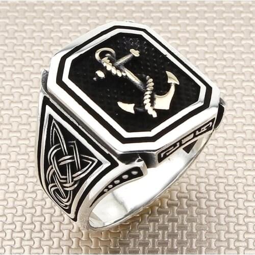 Sterling Silver Anchor with Chain Model Ring Handmade Oxidized Ring For Men Made in Turkey