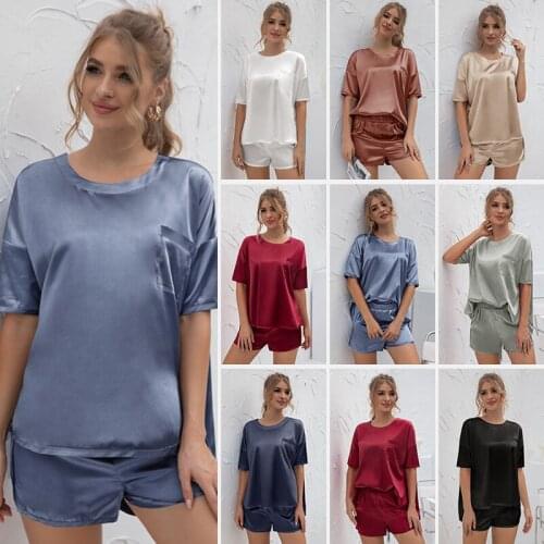 Womens Pajamas Set Suits With Shorts 2 Pieces Silk Satin Sleepwear Solid Casual Home Clothes