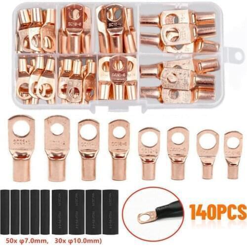 140PCS Car Copper Wire Ring Terminal Lug Closed End Crimp Connectors SC Battery Welding Bare Connectors Set Kits