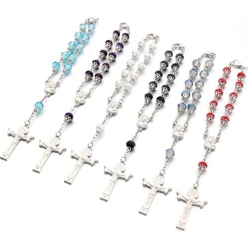 Hot Trendy Romantic Cross Pendant Rosary Bracelet For Women Religious Christian Crystal Beaded Bracelet Accessories