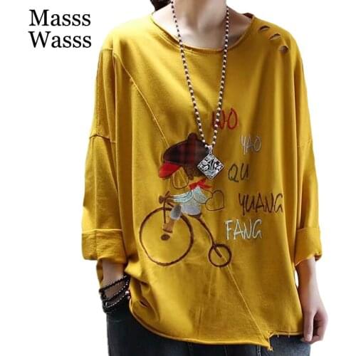 Masss Wasss Korean New Style Spring Tops Womens Casual Printed Long Sleeve Tshirts Ladies Vintage O-Neck Teeshirts Punk Clothes