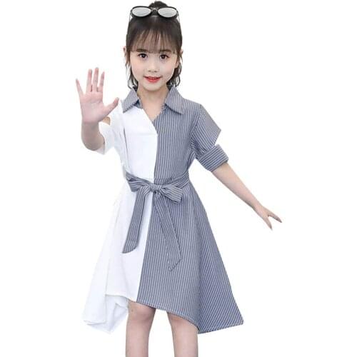 Fashion Girls Dress Striped Patchwork Party Dress For Girl Turn Down Collar Kids Dress With Bow Belt Autumn Novelty Costume