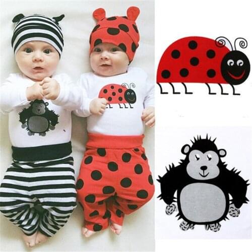 3pcs Fashion Cute Newborn Toddler Baby Autumn Clothes Long Sleeve ladybug orangutan Print Romper Top Pant Hat Outfits