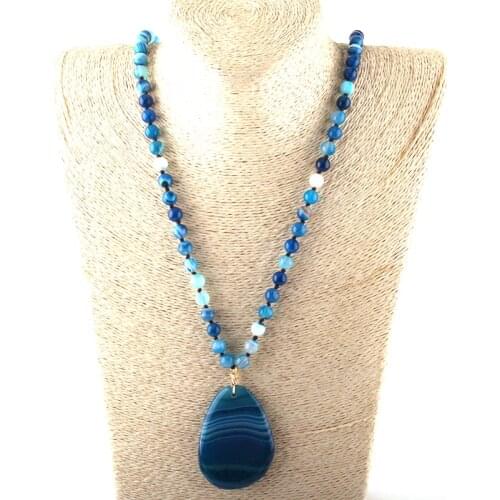MOODPC Fashion Bohemian Jewelry Beautiful Stripe Natural Stone long Knotted Drop Pendant Necklace