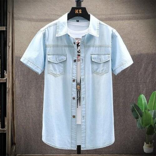 Big Size Korean Fashion 100% Cotton Men Denim Shirt 2021 Summer Business Casual Pocket Decoration Cowboy Jacket Male Trendy Tops