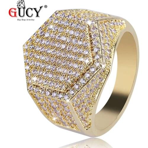GUCY Hip Hop Ring Micro Pave AAA+Cubic Zircon Stones All Iced Out Gold Silver Color Plated Hexagon Shape Rock Jewelry For Men