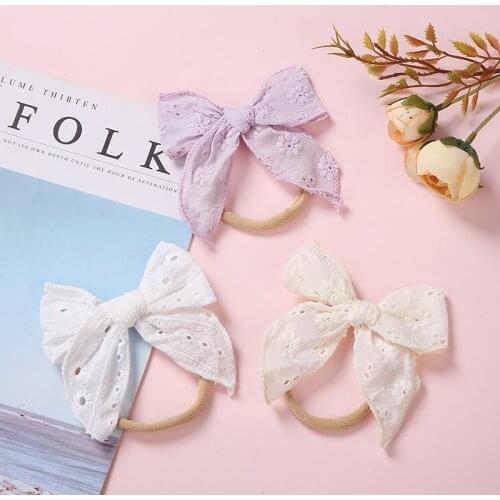 14pcs/lot 4" Embroidery Bow Nylon Headband for Baby Girls Handtied Hair Bow Clips Newborn Hair Accessory