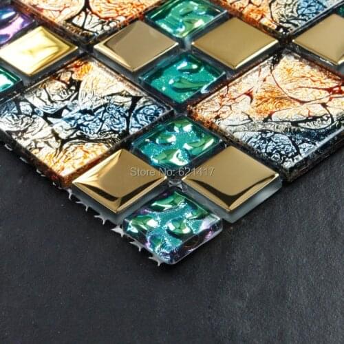 Iridescent seven color symphony gold electroplate crystal glass mosaic tiles for backsplash kitchen sticker bathroom floor tiles