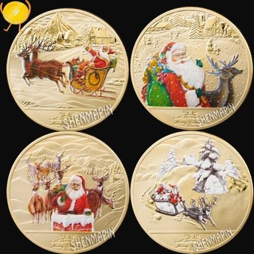 Merry Christmas Commemorative Coin Santa Claus Steer A Sledge and Fawn Challenge Coin 999 Gold New Years Home Decorations Gift
