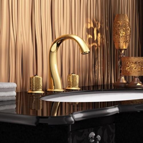 Basin Mixer Faucets Gold Brass Polished Deck Mounted Square Bathroom Sink Faucets 3 Hole Double Handle Hot And Cold Water Tap