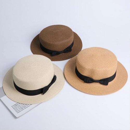Seioum wholesale sun flat straw hat boater hat girls bow summer Hats For Women kid and Beach flat panama straw hat chapeau femme