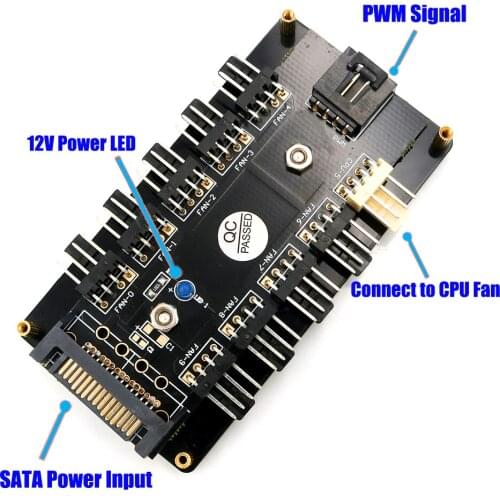 Chassis Fan and CPU Fan 10 way 12V 3/4 Pin PWM Fan Hub Controller with PMMA case and Magnetic standoff power from SATA Power