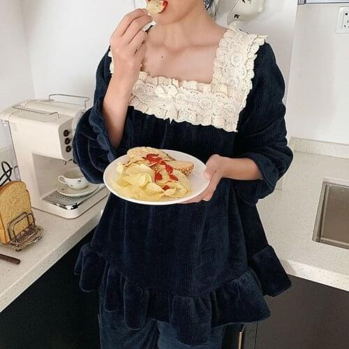 Vintage Winter Womens Flannel Pajamas Sets Princess Lace Sweet Nightclothes Long Sleeve Casual Sleepwear Ladies Home Clothing