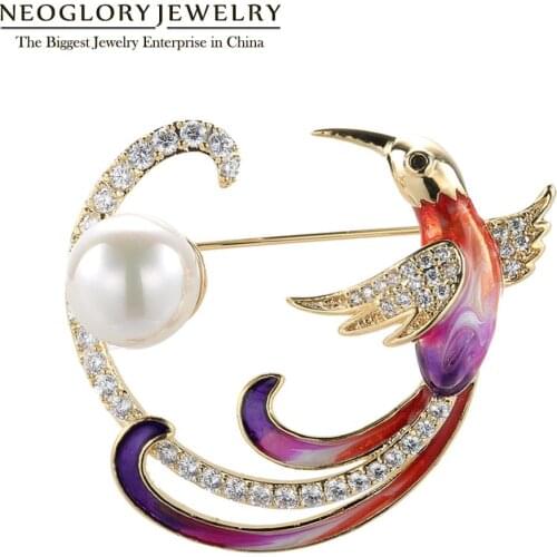 Neoglory Cute Vivid Phoenix Bird Pins Cubic Zircon Enamel Pearl Fantastic Animal Brooches For Women 2020 Statement Gift For Girl