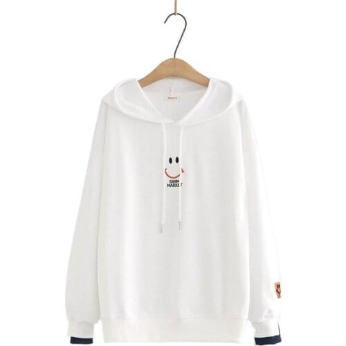 Pink Hoodies 2021 New Spring New Women Smiley Face Embroidery Casual Loose Cotton Hooded Sweatshirt Harakuju Pullover A0466