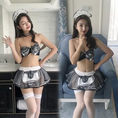 Woman Fashion Black Tulle Costumes Maid Uniform Sexy Temptation See Through Lace Valentines Day Bow Lingerie Sets Underwear
