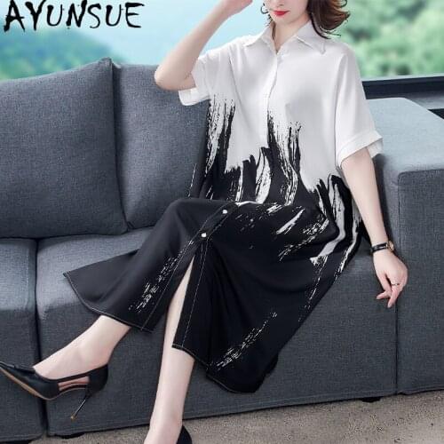 AYUNSUE Spring Summer Shirt Dress Woman Midi Silk Plus Size Dresses for Women 4xl 5xl 6xl Casual Chiffon Vestido De Mujer KJ6862