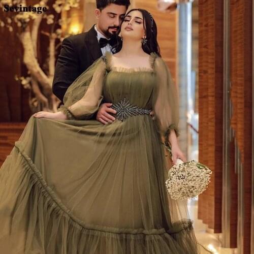 Sevintage 3/4 Long Puffy Sleeve Dubai Prom Dresses 2021 Pleats Tiered Tulle Evening Gowns Arabic Middle East Women Party Dress