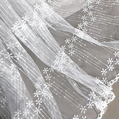 1 Yard Exquisite Off White Lace Fabric Cotton Floral&Stripe Embroidery Mesh Fabric For Wedding Gowns, Baby Dress, Curtains
