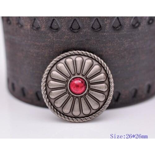 10pc 26X26MM Beauty Tribal RED Turquoise Frosted Silver Bohemian Flower Leathercraft Conchos