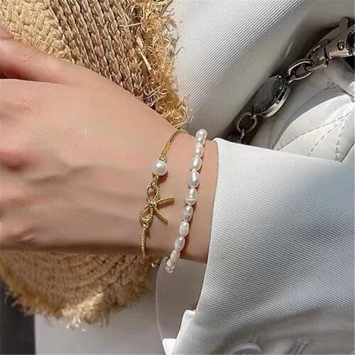 2pcs/set Natural Freshwater Pearl Chain Bracelet for Women/Girl Fashion Bow Adjustable Bracelet Party Personality Jewelry Gifts