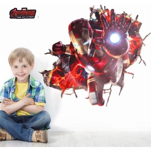 3d effect iron man hero through wall stickers for kids rooms nursery wall art decals decor The Avengers wallpaper diy poster