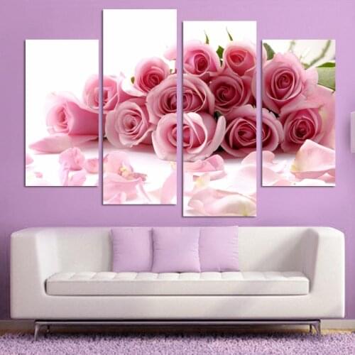 4 Panels Modern Pink Rose Flower Wall Painting Home Decorative Art Picture Paint on Canvas Flower Decoracion Wall Decor