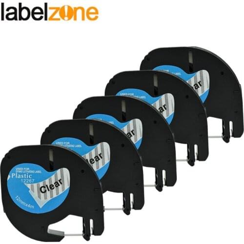 5pcs Balck on Clear Plastic Label Tape Compatible Dymo Letratag 12267 12mm*4m Label Ribbon LT12267 for Letra Tag Label Printers