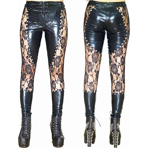 Black Sexy Latex Faux Leather Women Pants Lace Up Trousers Tights Leggings Clubwear Fetish Wear Fashion Pants Sex Lingeries