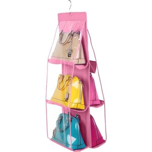 6 Pocket Double Side Transparent Foldable Hanging Handbag Purse Storage Bag Door Wall Clear Sundry Shoe Bag with Hanger Pouch