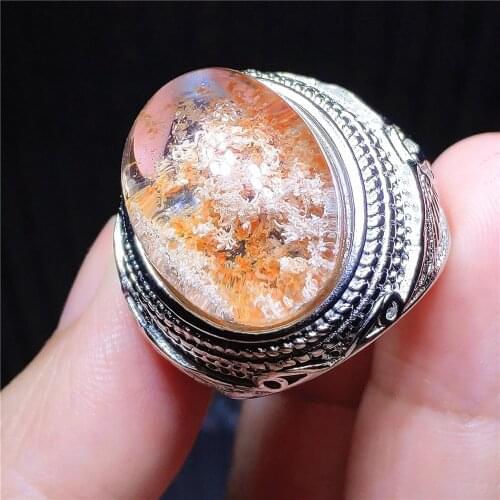 Genuine Natural Orange Red Phantom Quartz Adjustable Ring 21x15mm Garden 925 Sterling Silver Bead Ring AAAAAA