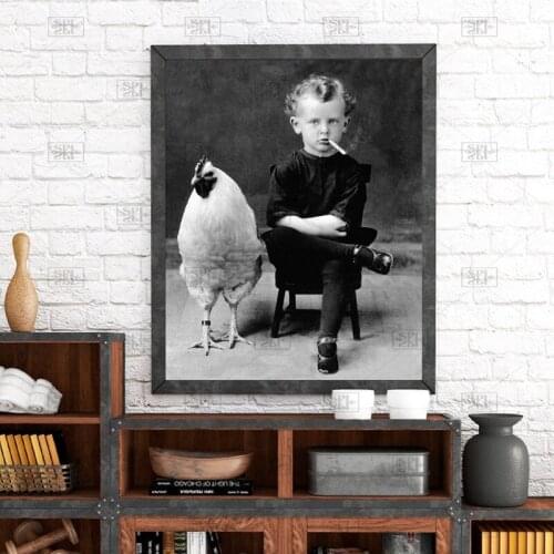 Portrait Art Prints Canvas Painting Boy Smoking With His Chicken Pet Antique Wall Art Picture Weird Vintage Photography Poster
