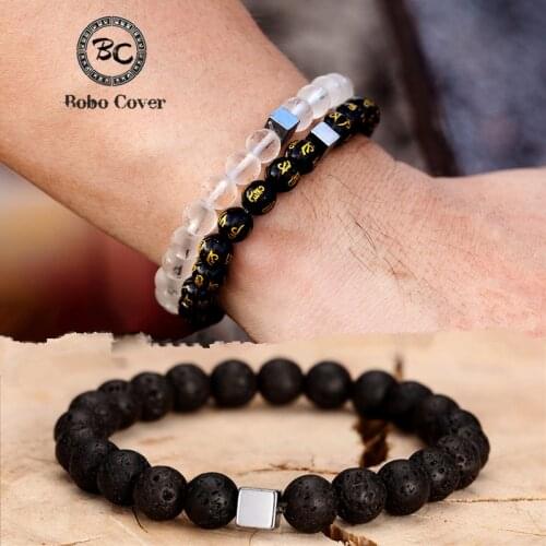 Square Hematite Tibetan Buddha Six-word Couples Distance Bracelet femme Chakra 8mm Natural Stone Meditation Yoga Bracelet homme