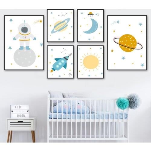 Cartoon Space Planet Astronaut Rocket Sun Moon Nursery Wall Art Print Canvas Painting Nordic Poster Wall Pictures Boy Room Decor