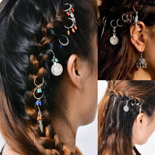 7/8 Pcs/set Retro Coin Colorful Beads Pendant Charms Rings Set Hair Clip Headband Accessories for Pierced Braid #251265