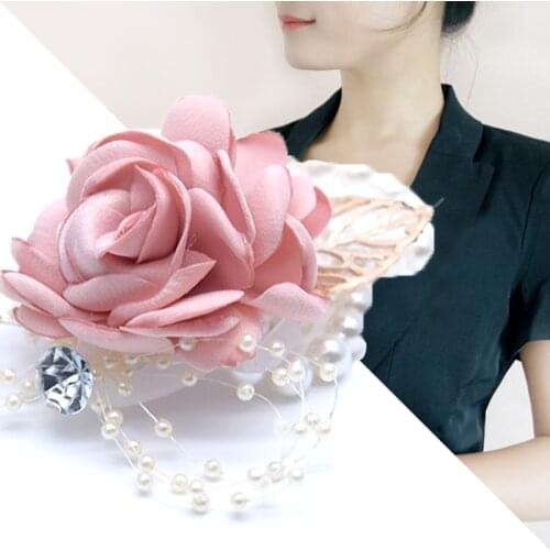 Bride Wrist Flower Crystal Corsage Satin Rose Boutonniere Brooches For Bridesmaid Group Wedding Supplies Women Bouquet Dance