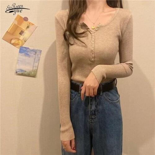 Spring and autumn new V-neck thin section comfortable and versatile base sweater casual fashion top solid color sweater 16176